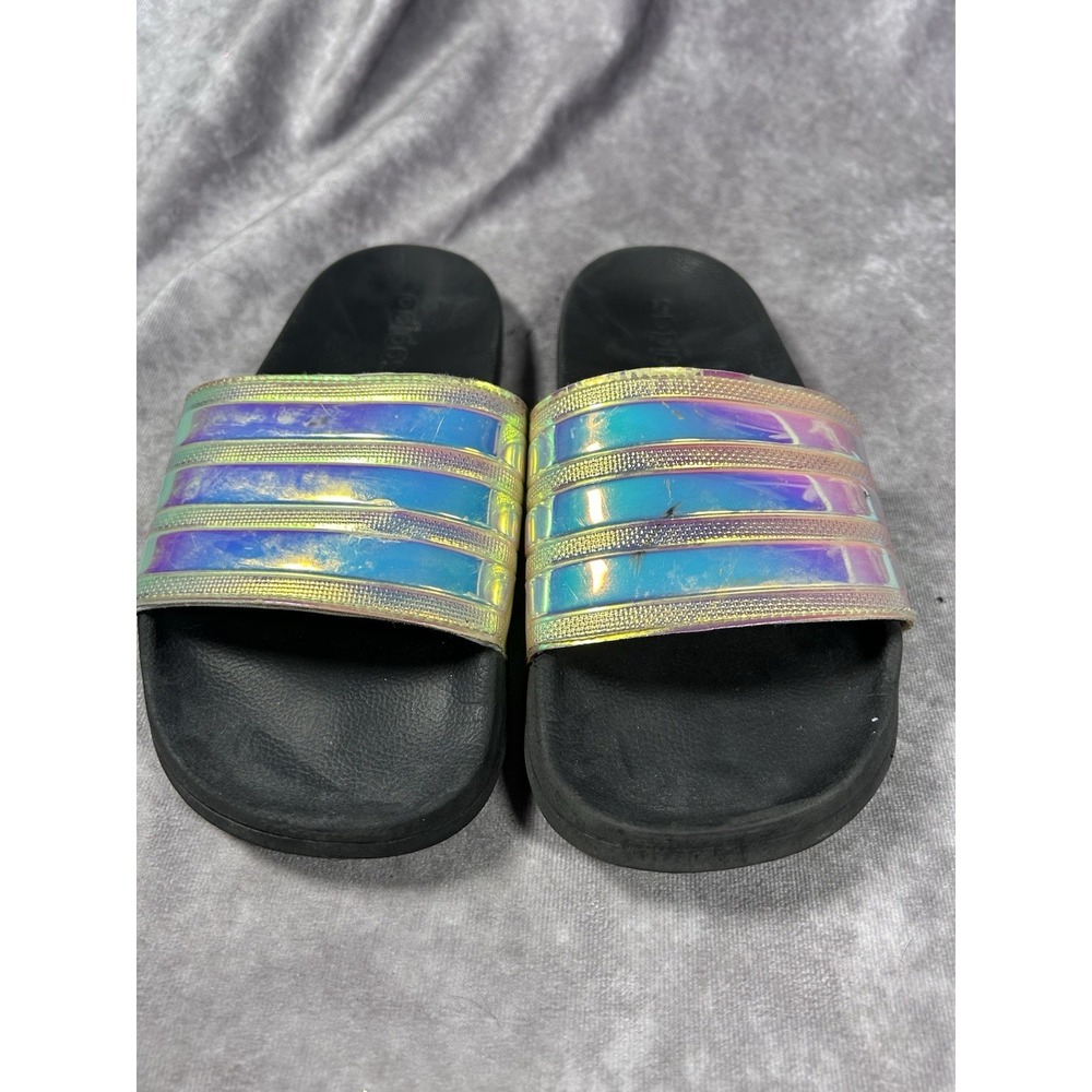 Adidas Adilette Slides Women's 7 Iridescent Holographic Black Sandals